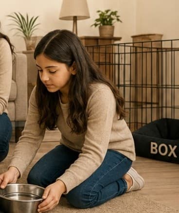A girl sets down the dog's water bowl beside his crate, which is marked BOX