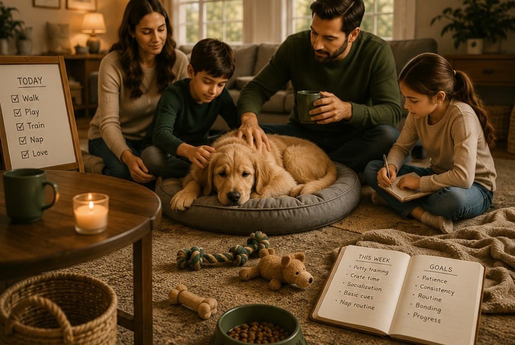A family gathered around the dog with books open