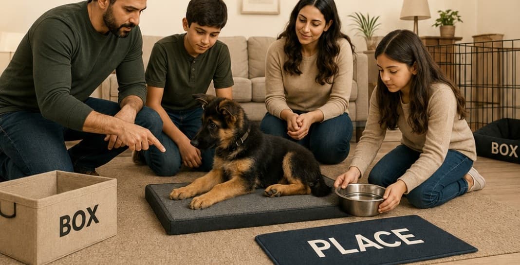 A family laying out zone mats for the puppy