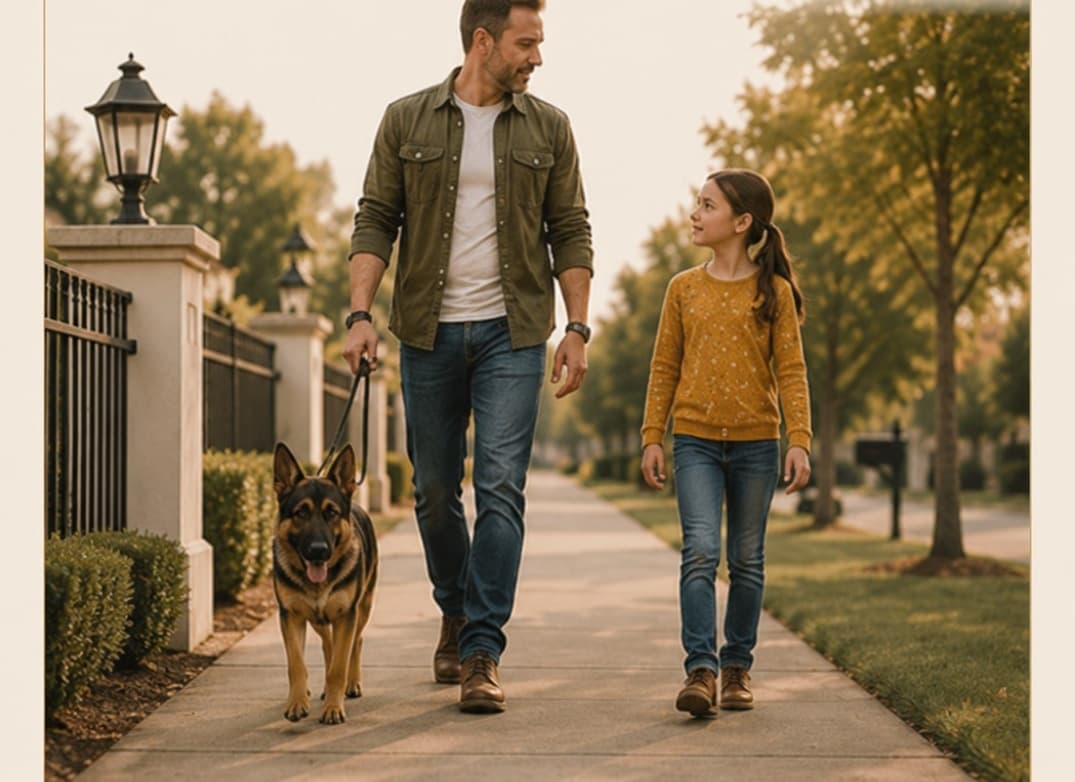 A calm walk — the family and dog out together